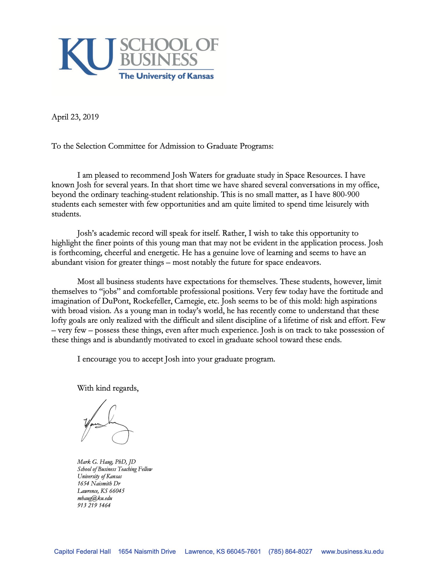 Letter of recommendation from Dr. Mark G. Haug, University of Kansas School of Business, April 23, 2019
