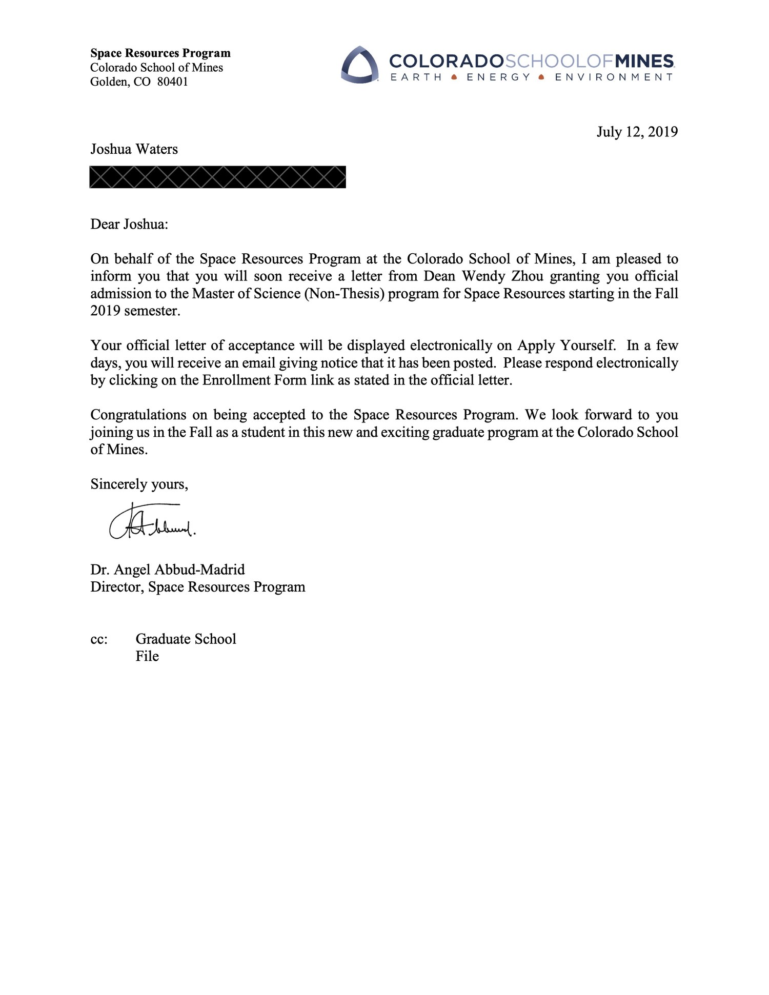 Acceptance letter to the Space Resources program, Colorado School of Mines, July 12, 2019