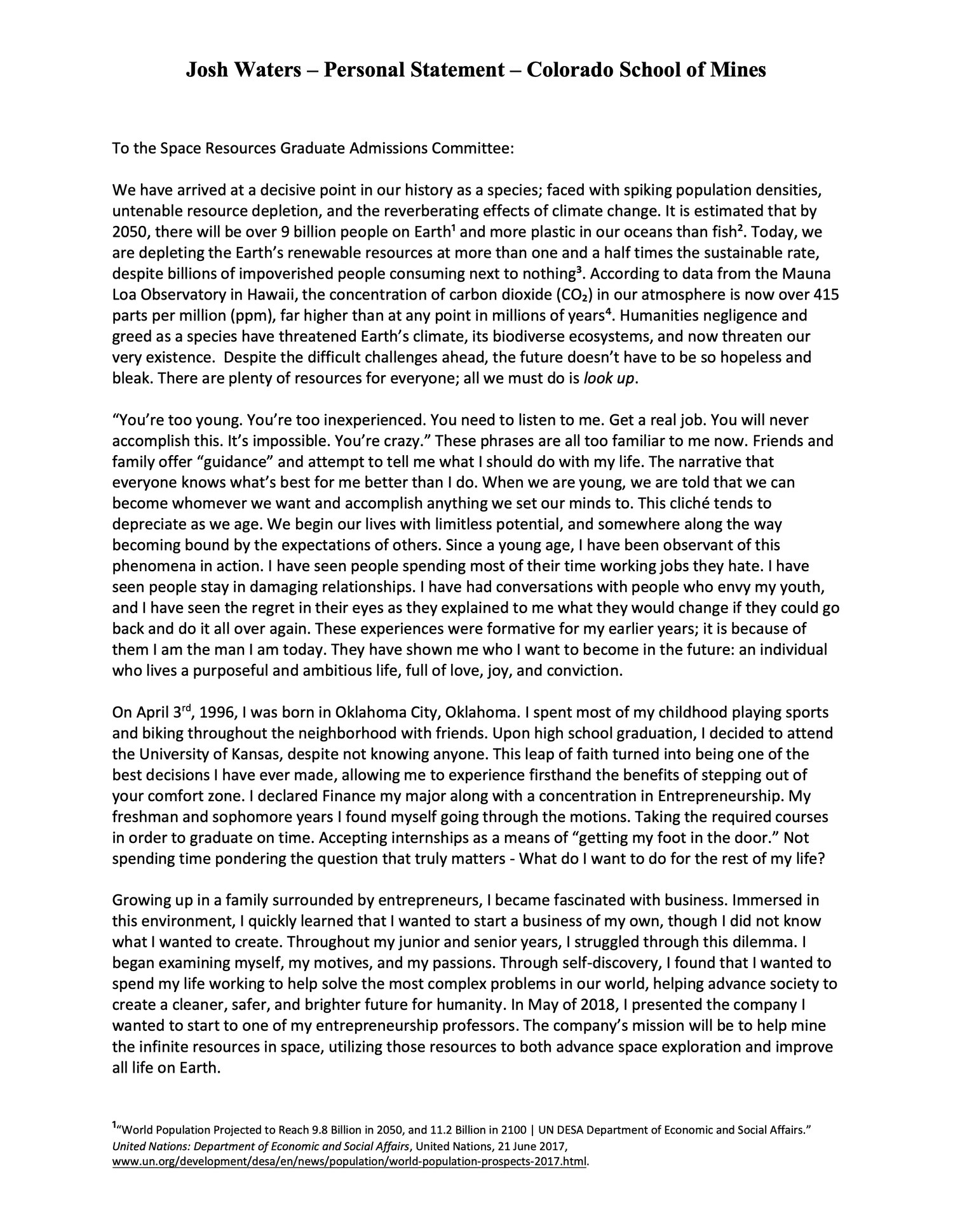 First page of the personal statement submitted to the Colorado School of Mines Space Resources program, 2019