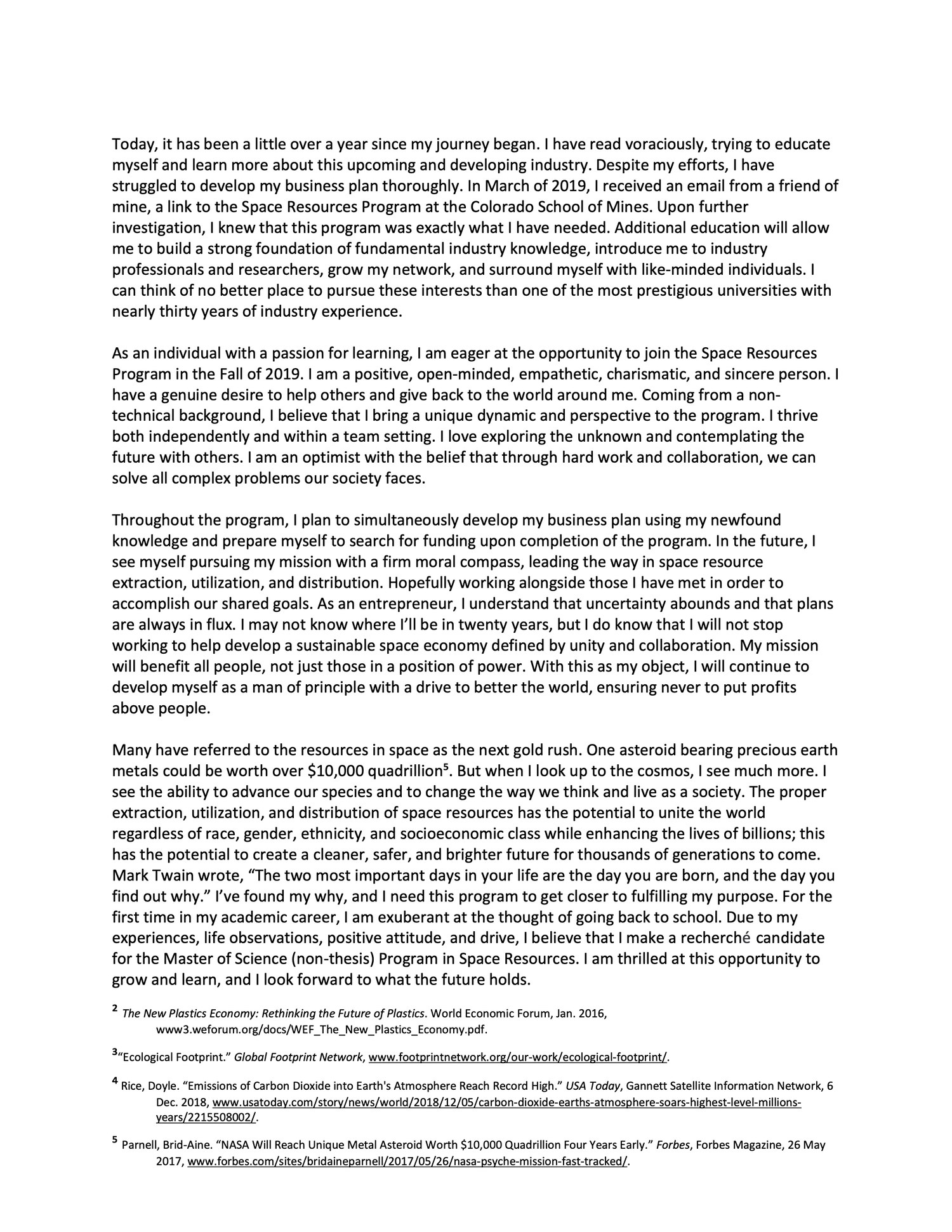 Second page of the personal statement submitted to the Colorado School of Mines Space Resources program, 2019