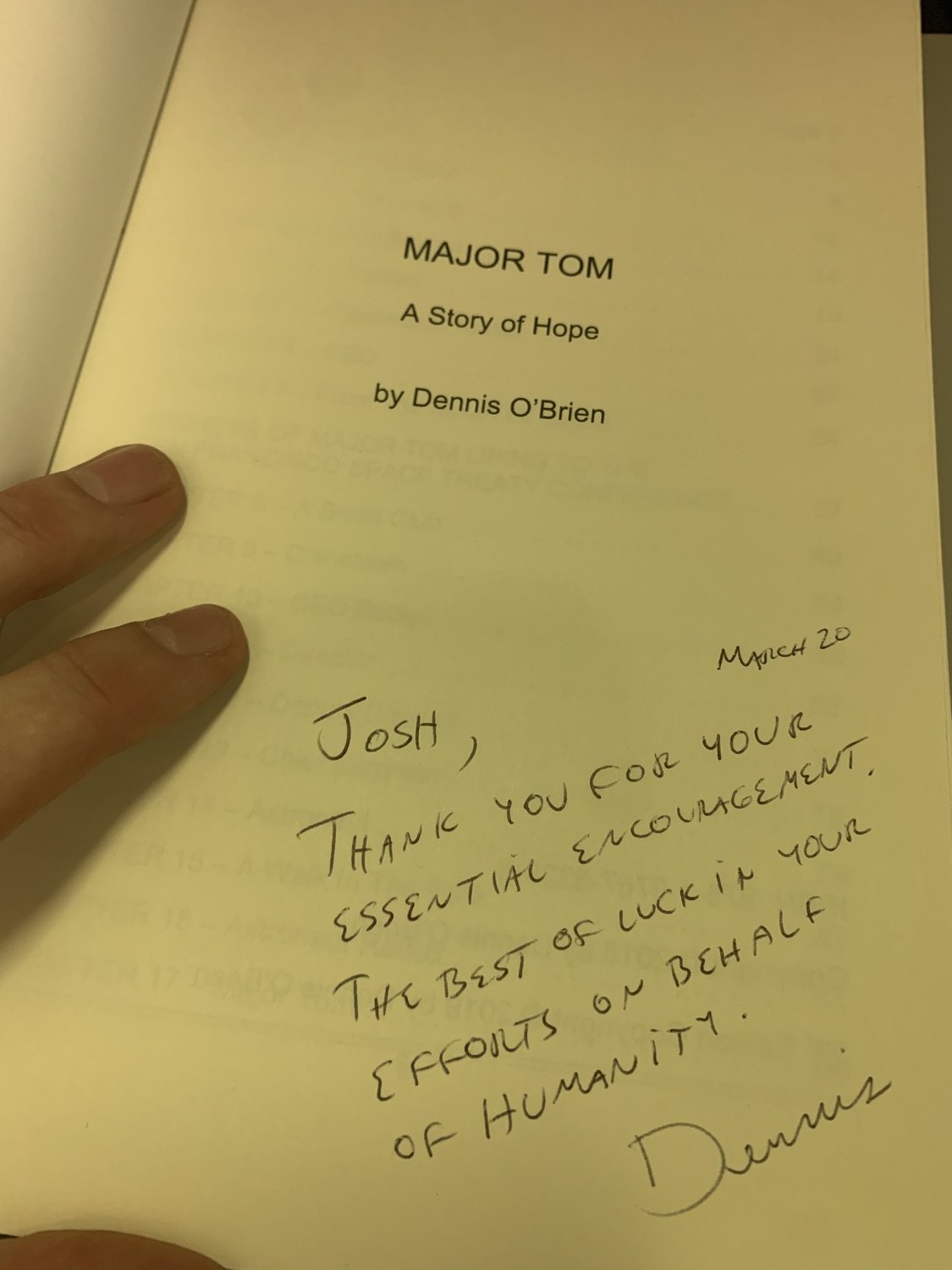 Dennis O'Brien's signed inscription inside Major Tom