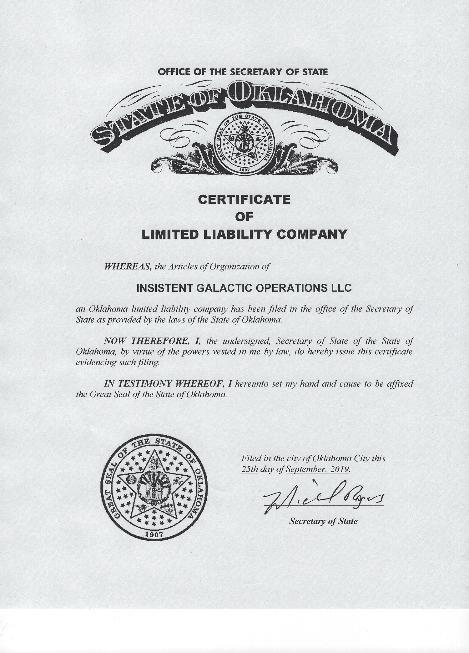 Oklahoma certificate of limited liability company for insistent Galactic Operations LLC, September 25, 2019