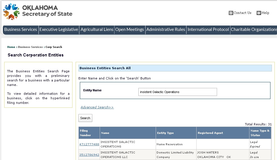 Oklahoma Secretary of State entity search showing the name reservation and the LLC filing